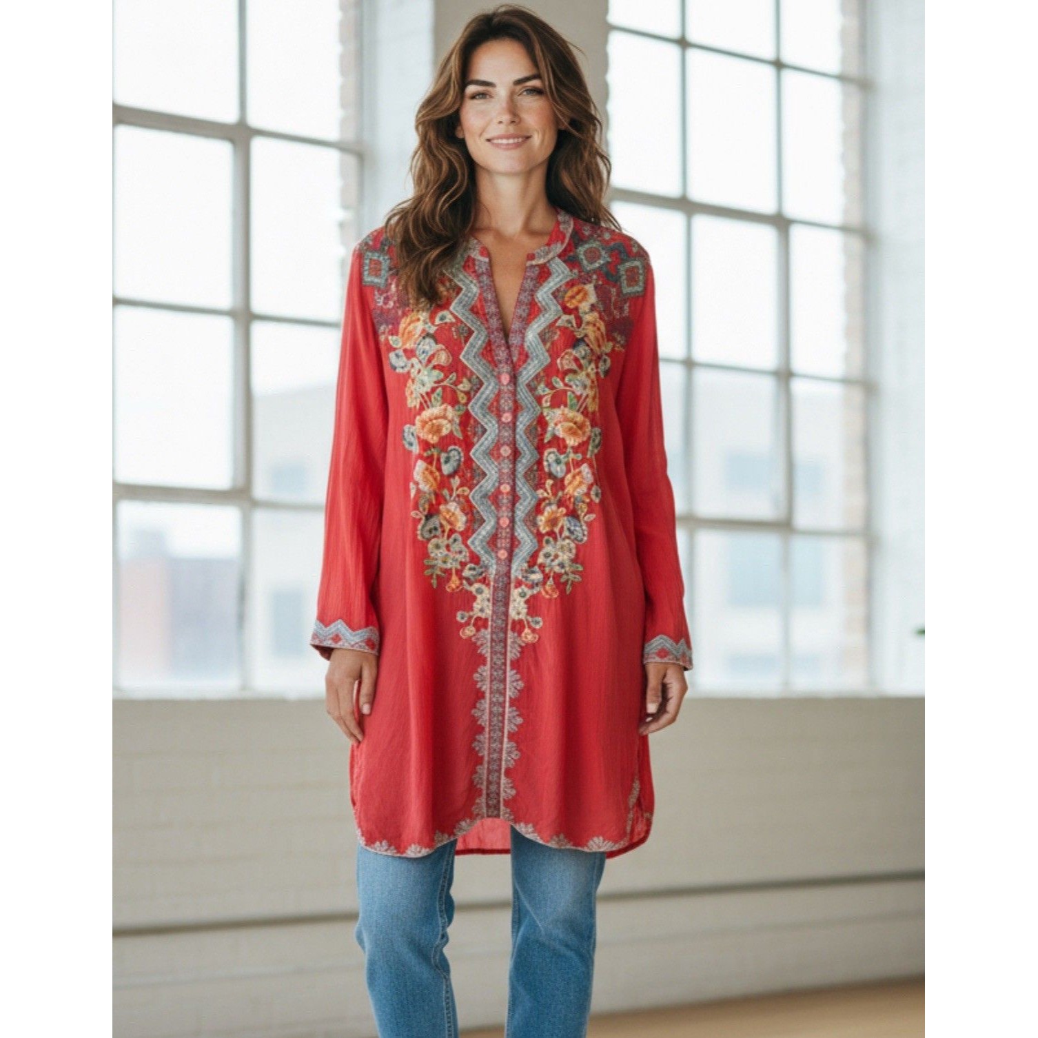 Johnny Was Salmon Floral Boho Embroidered Flowy Tunic Size Xl Long Sleeve